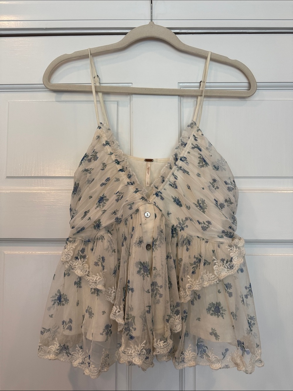 Free People Cream Floral Lace-Trimmed Camisole with Blue Print
